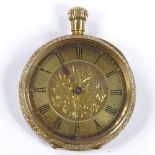 A Swiss 18ct gold open-face top-wind fob watch, floral engraved case and face, with Roman numeral