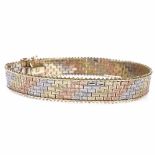 An Italian 9ct gold 3-tone brick link bracelet, with bead border, bracelet length 19cm, 15.6g