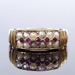 A Victorian 15ct gold split-pearl and ruby dress ring, with ribbed shoulders, by Victor Levy & Co,