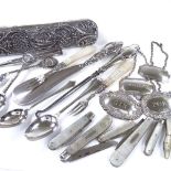 Various silverware, including mother-of-pearl fruit knives, fishing spoons etc