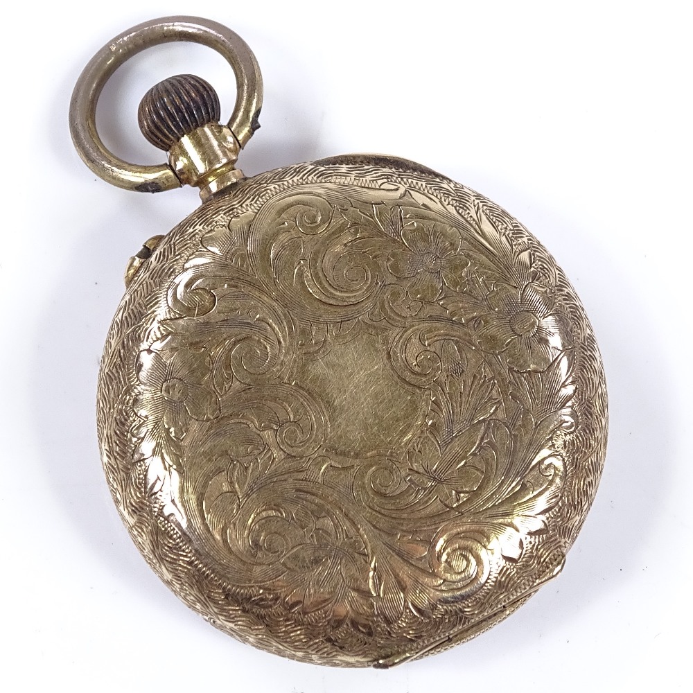 A 14ct gold open-face top-wind fob watch, foliate engraved case and face, with Roman numeral hour - Image 2 of 5