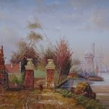 Modern oil on canvas, Dutch harbour scene, 24" x 36", in ornate gilt-gesso frame