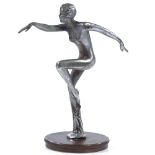 An Art Deco chrome-plate naked dancing figure-design car mascot on bronze plinth, unsigned, height