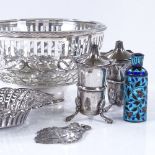 Various silverware, including pierced bowl with glass liner, pin tray, enamelled scent bottle etc
