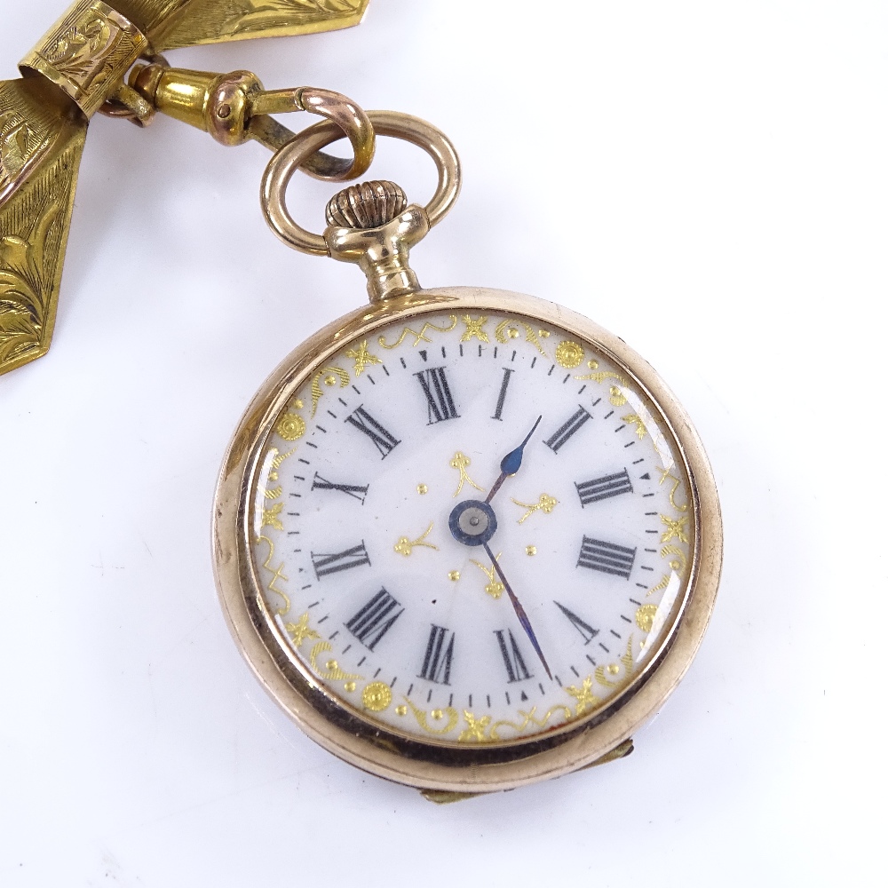 A Continental 12.5ct gold open-face top-wind fob watch, with detailed coloured enamel caseback - Image 5 of 5