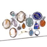 Various jewellery, including enamelled silver coin, cameos, pendants etc