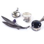 A Finnish sterling silver and amethyst brooch, by Kupittaan Kulta, 2 other Finnish pendants, and a