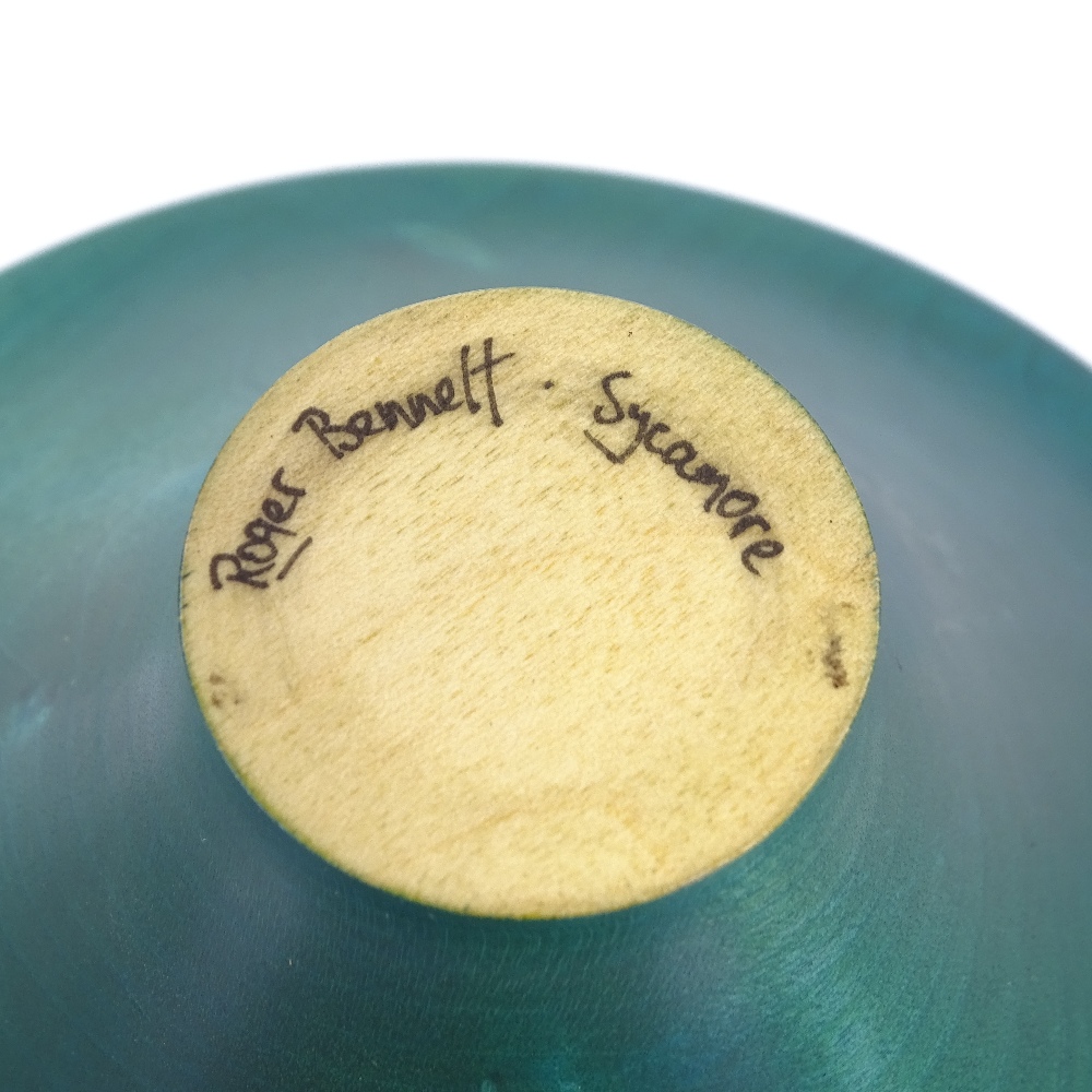 Roger Bennett, handmade sycamore bowl with green stain interior, signed, 14.5cm diameter, height 7. - Image 3 of 3