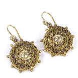 A pair of Antique pinchbeck disc drop earrings, with star surround and bead edge, diameter 18mm, 3.