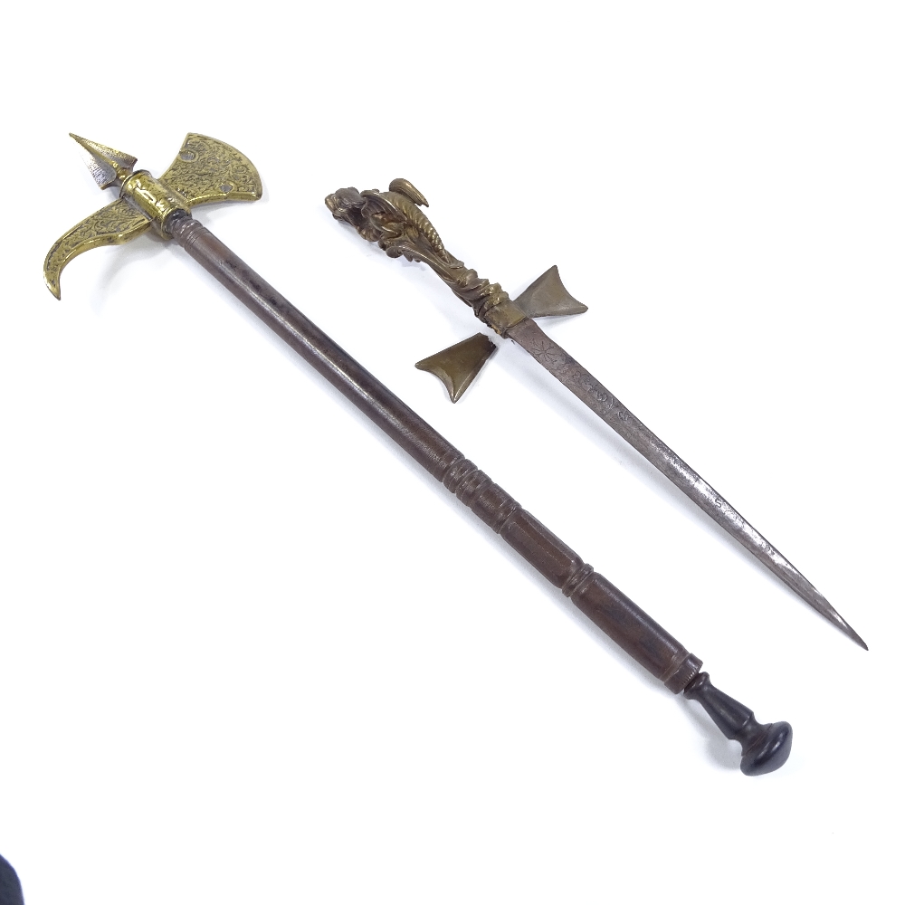 A Victorian ornamental brass-headed axe, with steel handle and concealed dagger, length 56cm, - Image 3 of 3