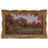 Attributed to Sir Alfred Munnings, oil on canvas, roadway in parkland, unsigned, 10" x 17", framed