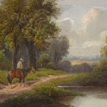 E Horton, oil on canvas, traveller on a riverside path, signed, 10" x 14", framed
