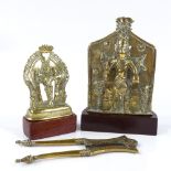 2 Indian relief cast bronze shrine figures on wood stands, largest height 20cm, and a pair of Indian
