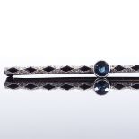 An unmarked gold sapphire and diamond bar brooch, brooch length 54.8mm, 3.6g