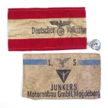 2 German Junkers and Volkstrun armbands, and a metal badge (3)