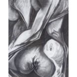 Abstract still life, charcoal and chalk, unsigned, 17" x 14", framed