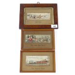 3 Victorian silk Stevengraphs, including The Present Time depicting a steam train, in original