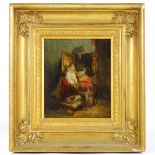 19th century oil on board, interior scene, unsigned, 8.5" x 7.5", framed