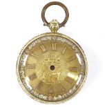 An early 19th century 18ct gold pocket watch case and ornate dial, with applied gold Roman numeral