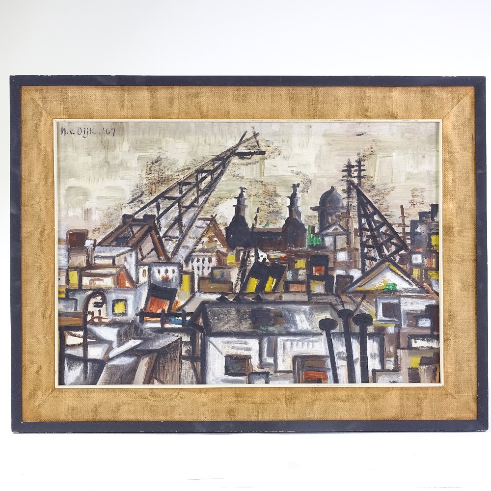 Mary Van Dijk, oil on board, abstract city scene, signed and dated 1967, 16" x 23", framed - Image 2 of 4
