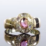 An 18ct gold rose-cut pink tourmaline and diamond cluster panel ring, maker's marks WW, setting