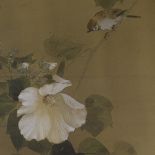 A Japanese watercolour on paper, depicting bird and blossom, signed, in silk surround and modern