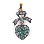 An unmarked gold emerald and diamond cluster heart and ribbon pendant, height excluding bale 21.5mm,