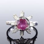 An unmarked platinum ruby and diamond cluster snowflake ring, with openwork bridge, setting height