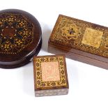 3 Victorian Tunbridge Ware boxes, circular box diameter 7.5cm