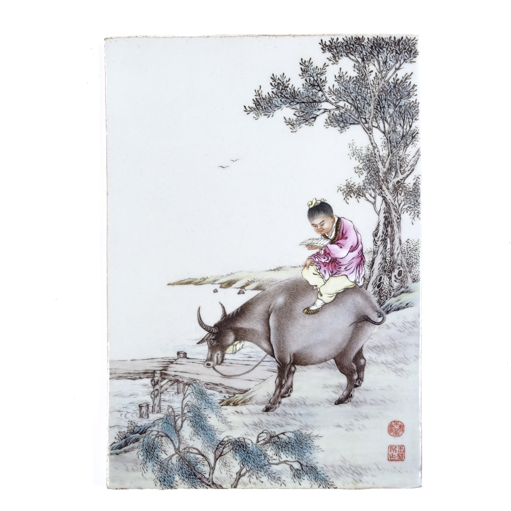 A Chinese porcelain plaque with hand painted scene depicting a figure riding a water buffalo, - Image 2 of 3