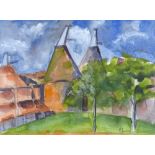 Maureen Connett, watercolour, oast houses, 9" x 12", framed, and acrylic on canvas, oast houses (2)