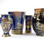 6 pieces of Carlton Ware Bleu Royale, including a large Heron design gilded jug, height 20cm (6)