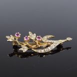 A 9ct gold pink sapphire and diamond floral spray brooch, brooch length 43.4mm, 3.8g