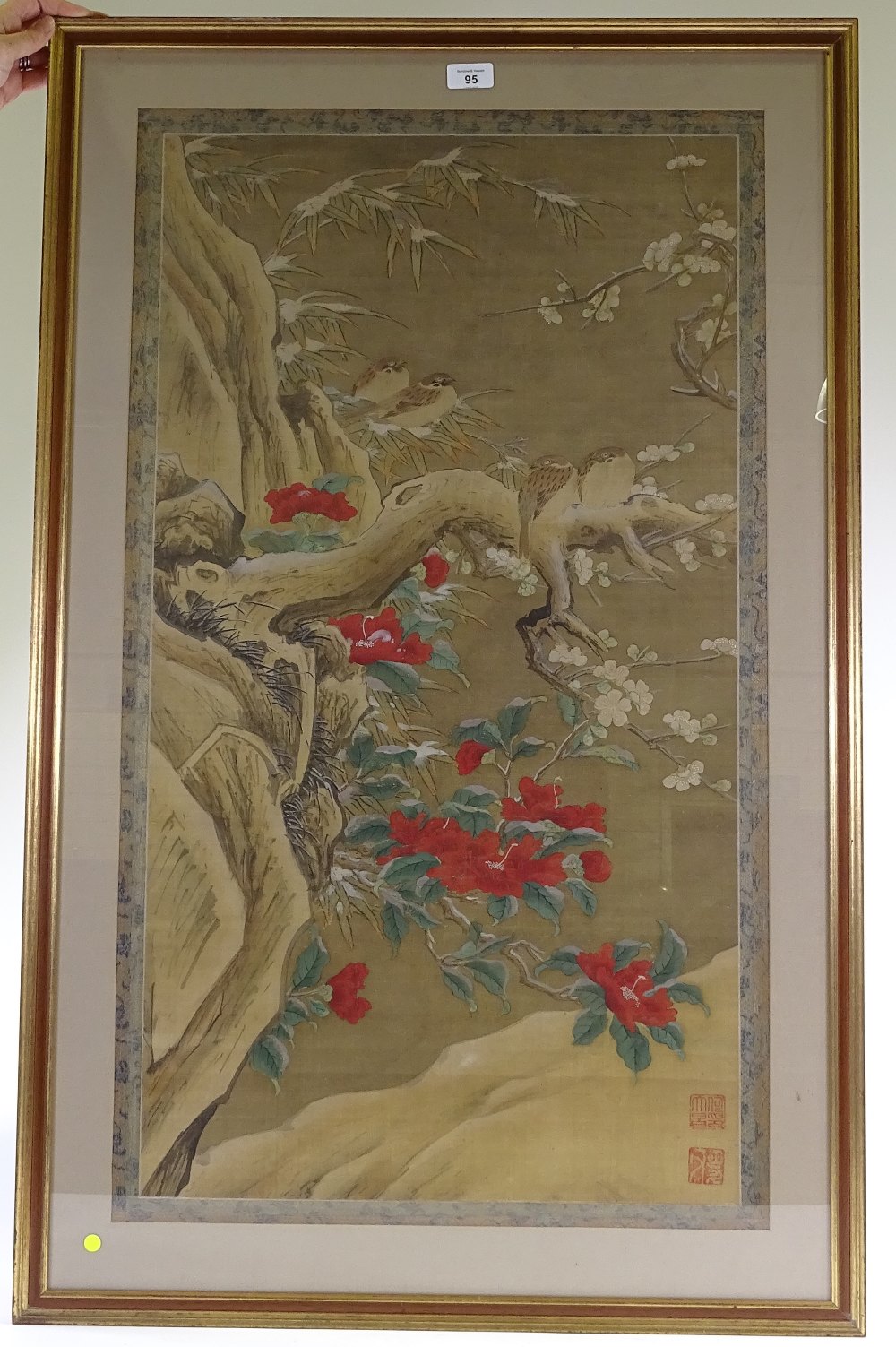 A Japanese watercolour on fabric circa 1900, depicting birds in blossom tree, in embroidered silk - Image 2 of 3