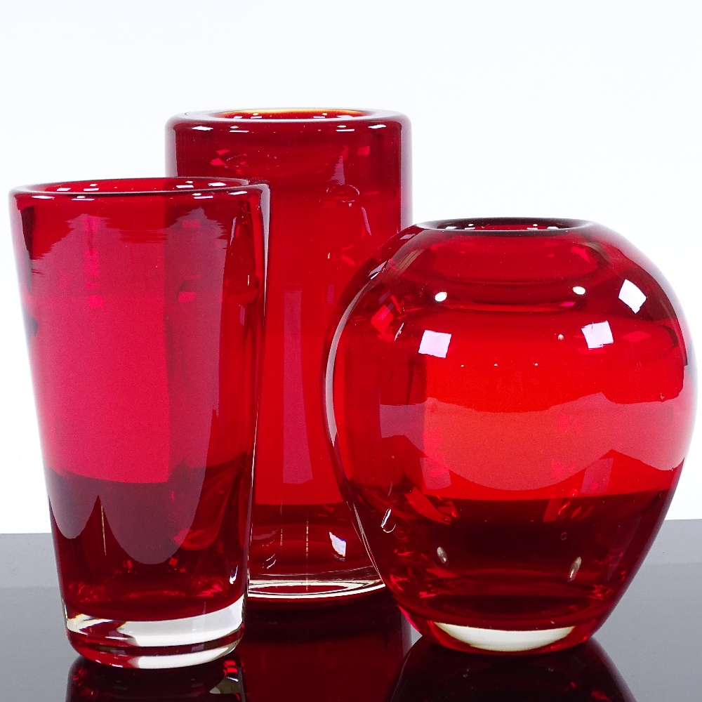 3 Whitefriars ruby glass vases designed by Geoffrey Baxter 1957-'64, largest height 16cm