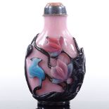 An Antique Chinese 4-colour overlay cameo glass snuff bottle, with exotic bird and flower designs,