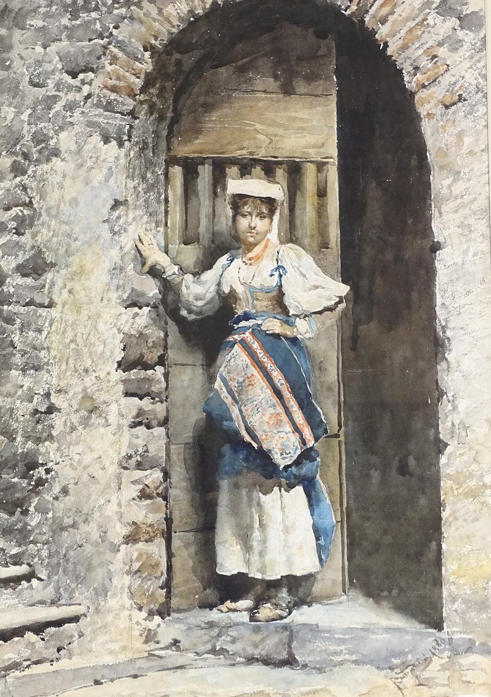 Carlo Randanini, watercolour, Italian girl in a doorway, signed and dated 1880, 19.5" x 13.5",