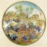 19th century Indo-Persian painting on mother-of-pearl disc, depicting a polo match, panel 2" across,