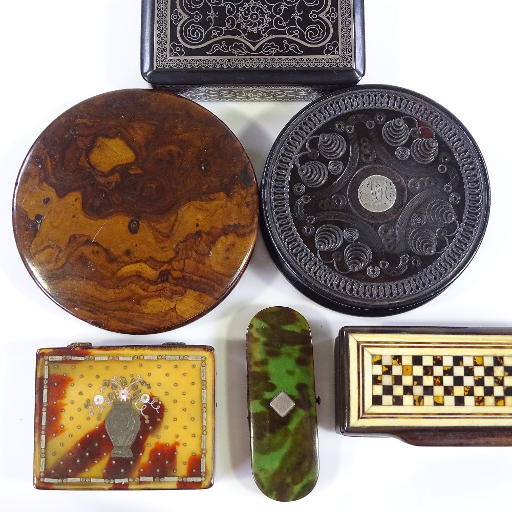 6 various 19th century boxes, including a silver inlaid papier mache snuffbox, width 7.5cm, a silver - Image 3 of 3