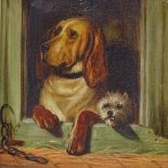 J Bellini, oil on canvas, 2 dogs, signed, 12" x 9.5", framed