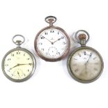 OMEGA - 1 silver-cased pocket watch, and 2 steel-cased pocket watches, largest steel-cased watch