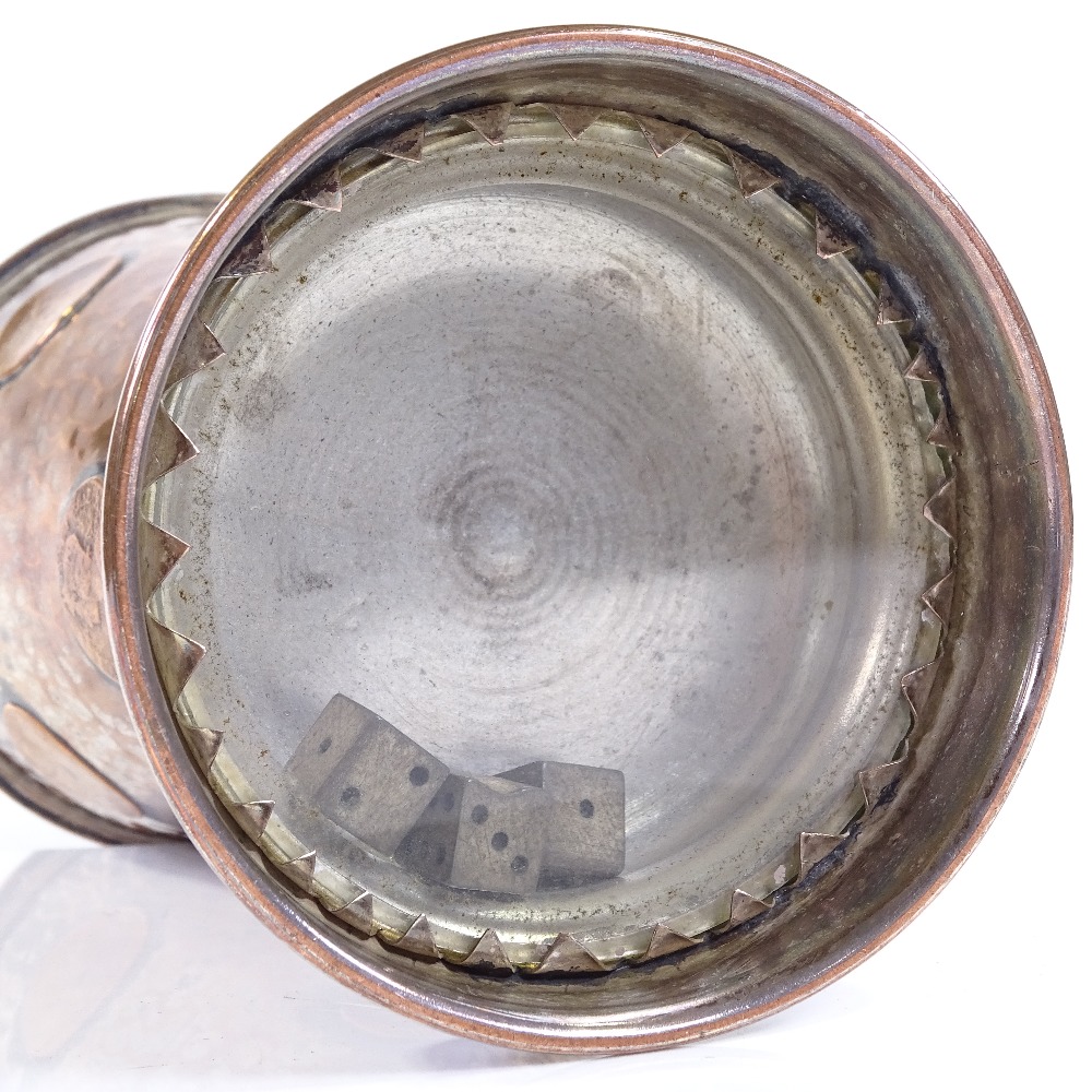 An unusual silver plate on copper gaming cup, with inset coins and dice behind glass panel under the - Image 3 of 3