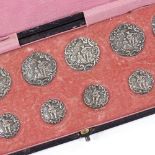 A set of 6 large and 6 small silver buttons decorated with a serenading couple, hallmarks Birmingham