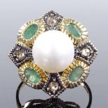A 14ct gold whole pearl emerald and diamond cocktail ring, setting height 21mm, size O, 5.4g