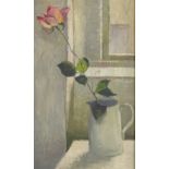 Mid-20th century oil on panel, still life rose, signed with monogram, 24" x 11", framed