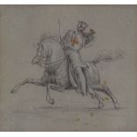 William Blake Richmond, pencil drawing, Crusader on horseback, 6" x 6", framed