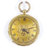 A Swiss unmarked gold open-face key-wind fob watch, with detailed coloured enamel caseback,