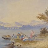 18th/19th century watercolour, washerwomen at the lakeside, unsigned, 11" x 16", unframed