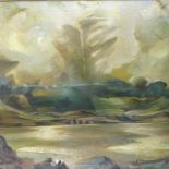Oil on canvas, abstract, Welsh landscape, 1980, signed with monogram, 34" x 45", framed