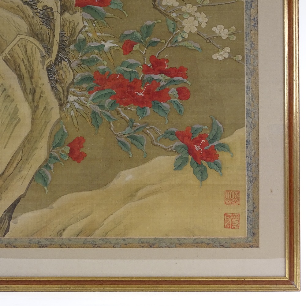 A Japanese watercolour on fabric circa 1900, depicting birds in blossom tree, in embroidered silk - Image 3 of 3